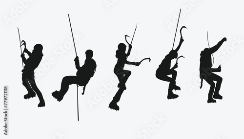 Vector set silhouette of ice climbing. Mountaineering, extreme sport concept. Isolated background. Vector illustration.