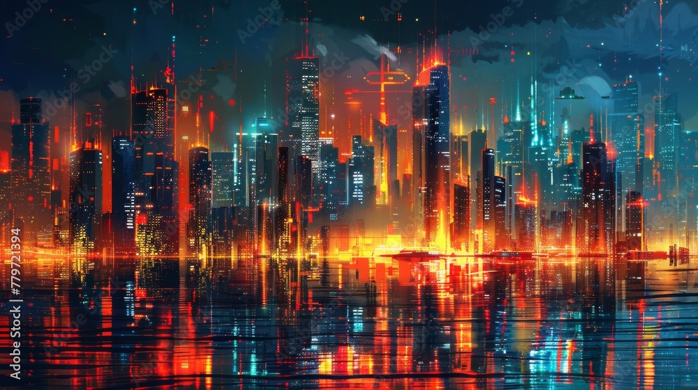 A vibrant, retro-futuristic cityscape where logistic networks shape the new world order. Budget stories unfold in the background, adding layers of intrigue to this dynamic urban environment.