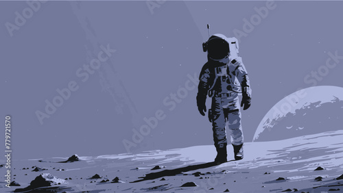 Astronaut walks on the edge of the moon in outer space