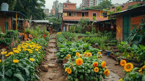 Amidst urban decay, community gardens emerge, promoting sustainable living practices in cities. #779721581