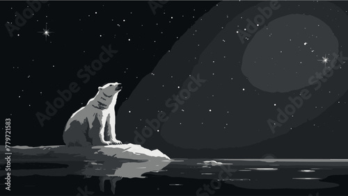 Solitary polar bear sits on ice under the starry night sky