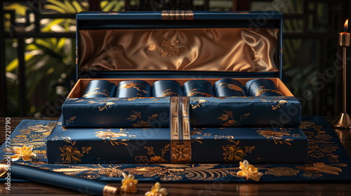 luxury high-end habano gift box with unique silk blue and gold design, expensive habanos, wealthy lifestyle photo