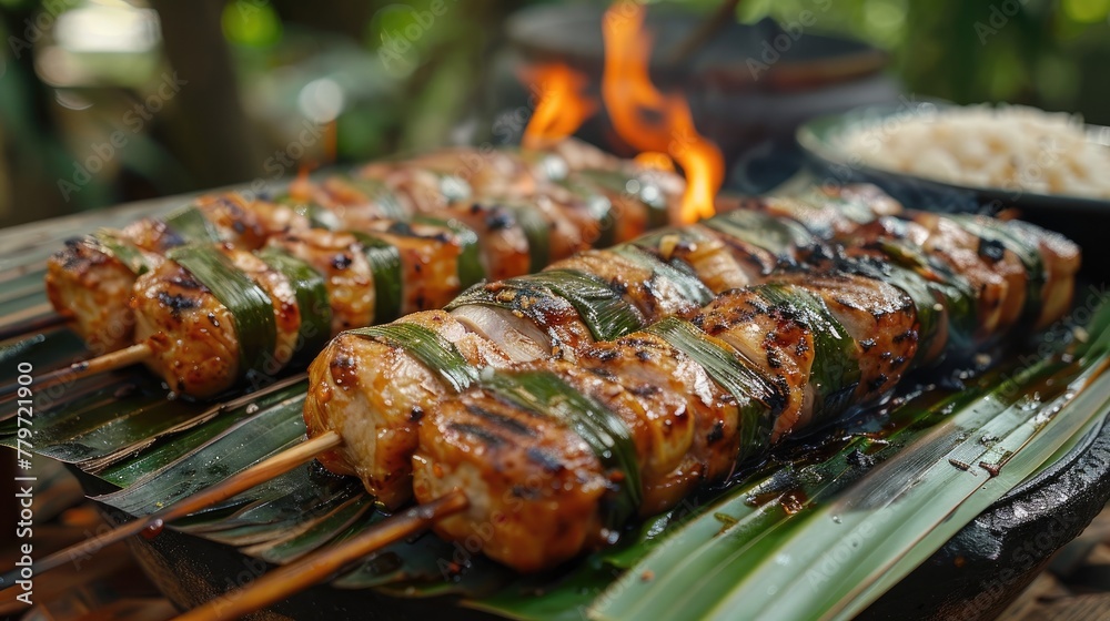 Grilled Thai Pork Skewers Wrapped in Aromatic Banana Leaves on Rustic Wooden Table - obrazy, fototapety, plakaty 