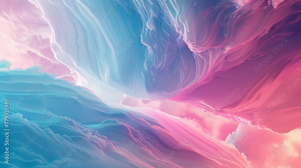 Fototapeta premium Abstract winged patterns inspired by quantum and black holes in sky blue and bubblegum pink against a minimalist background, emphasizing negative space.