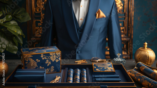 expert habano seller opening habano luxury expensive box, expensive high-end habanos, blue and gold color palette, silk