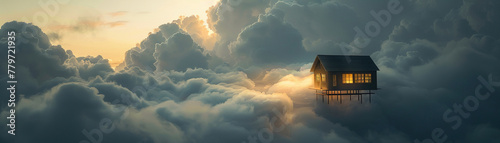A house is floating in the sky above a cloudy sky #779721935