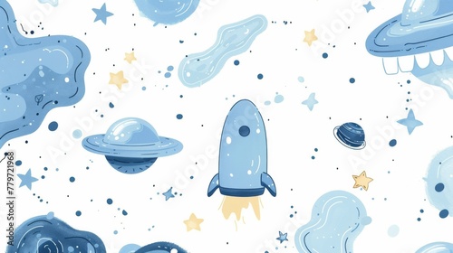 A minimalistic abstract background featuring UFO and alcohol icons in a sustainable theme. Baby blue and white colors with emphasis on negative space.