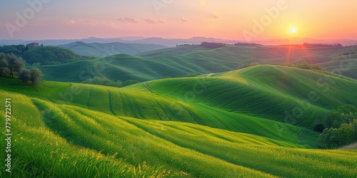 A picturesque panorama of patchwork fields of varying hues, from lush green to golden yellow, stretching towards a horizon kissed by a pastel-colored sky.