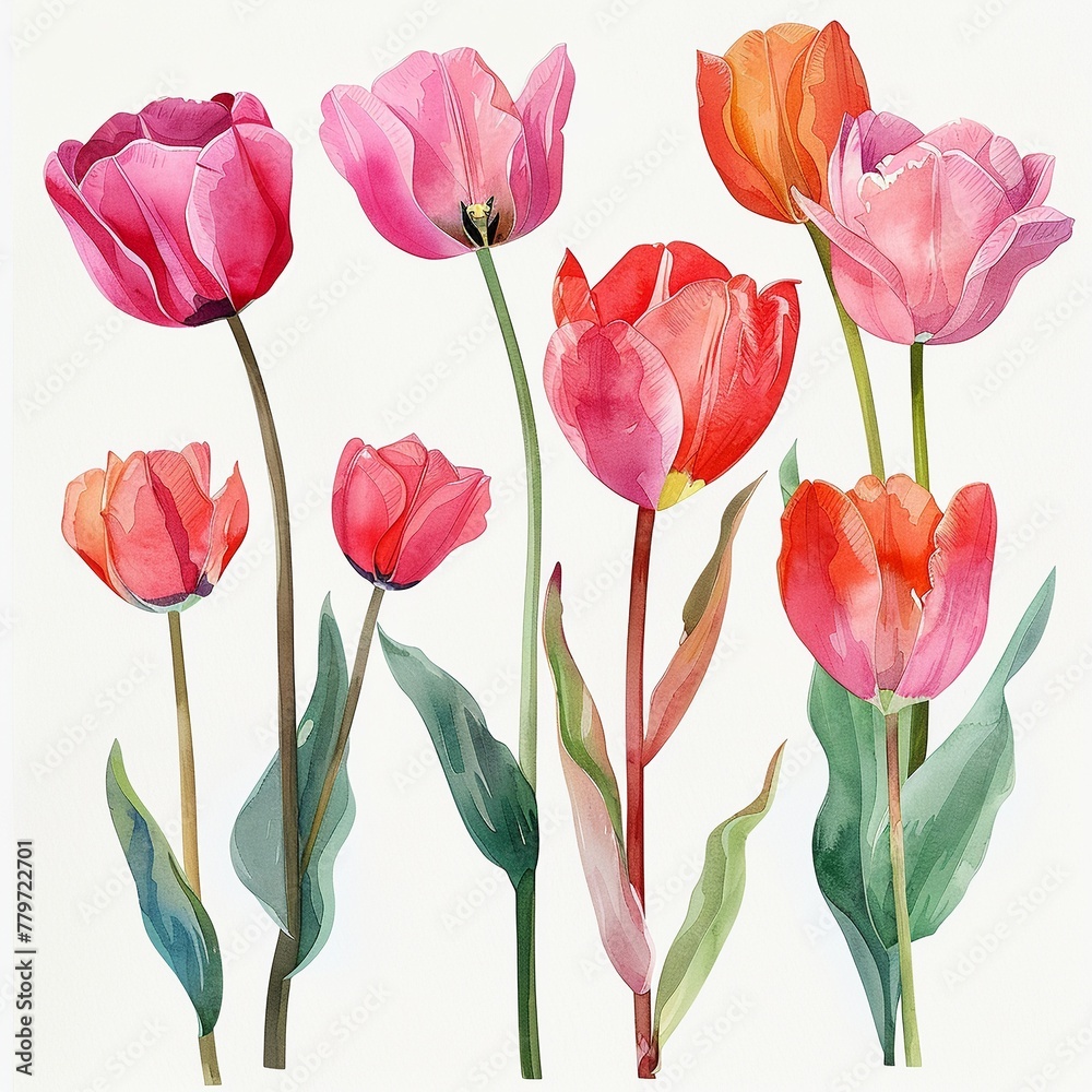 Watercolor tulip clipart in different shades of pink, red, and orange