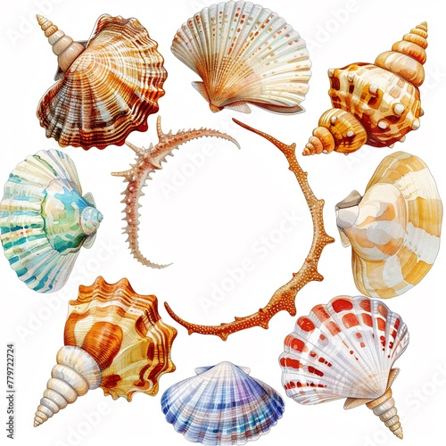 Seashell clipart arranged in a circular pattern