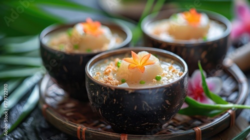 Delectable Thai Coconut Milk Custard Desserts Served in Decorative Bowls with Tropical Garnishes