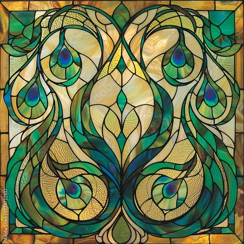 Art nouveau stained glass, flowing organic lines with peacock feather motifs in green and turquoise hues ar 916