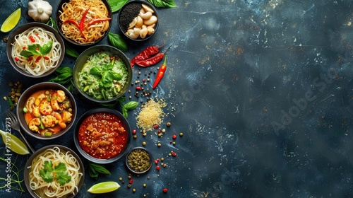 Assortment of Authentic Thai Fermented Rice Noodles and Curries on Rustic Table