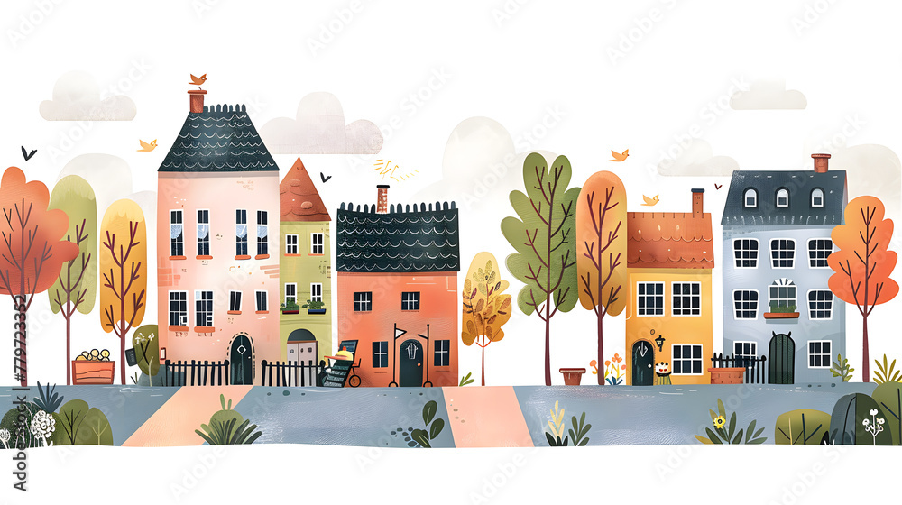 Hand drawn cozy city street, town in trendy children's book style illustration
