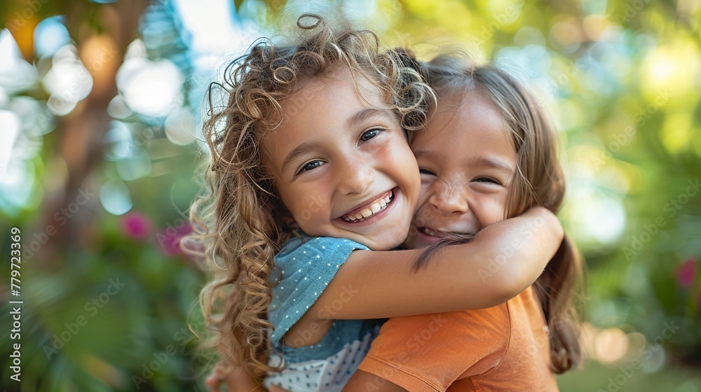 Two young girls are hugging each other in a park Two young girls are hugging each other in a park