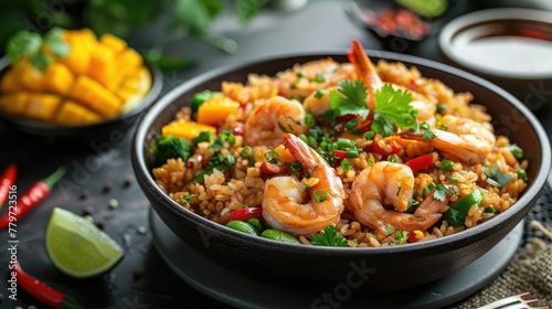 Appetizing Thai Shrimp Paste Fried Rice with Mango and Vibrant Vegetables