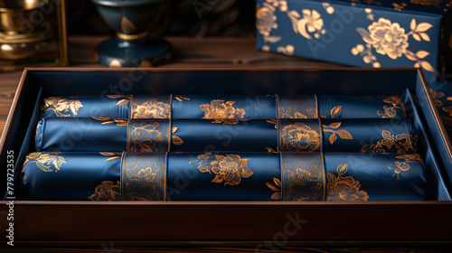 luxury high-end habano gift box with unique silk blue and gold design, expensive habanos, wealthy lifestyle
