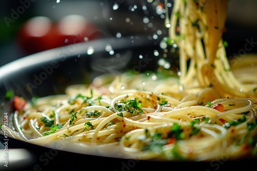 Spaghetti aglio olio e peperoncino, Nahaufnahme  photo