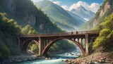 An idyllic wooden bridge arches gracefully over a serene alpine river, flanked by lush greenery and majestic mountains, offering a snapshot of peacefulness and natural harmony.. AI Generation