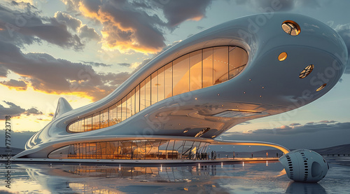 Spaceport architecture with space plane, exterior. Generative AI. photo