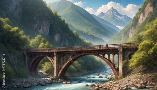 An idyllic wooden bridge arches gracefully over a serene alpine river, flanked by lush greenery and majestic mountains, offering a snapshot of peacefulness and natural harmony.. AI Generation photo