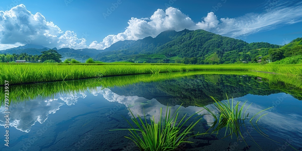 A mesmerizing panorama of lush green rice paddies reflecting the cerulean sky above, creating a mesmerizing mirror image of the heavens on earth, evoking a sense of peace and tranquility.