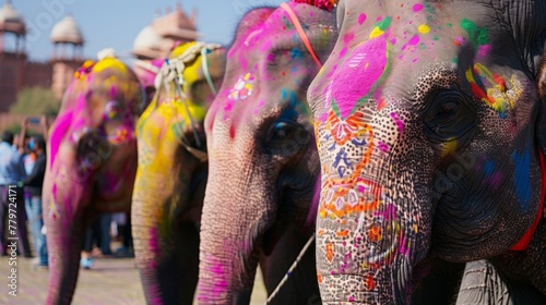 A respectful and safe depiction of elephants being part of a Holi procession in Jaipur. The elephants are adorned with safe, organic colors. photo