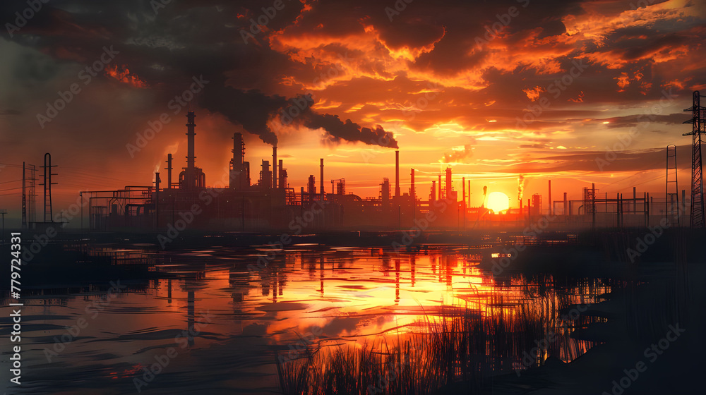 Naklejka premium Describe industrial scene with bold sunset backdrop - Ai generated