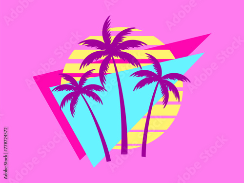 Retro futuristic sunset with palm trees and triangle in 80s style. Sci-fi palm trees at sunset in synthwave and retrowave style. Design for print, banners and posters. Vector illustration