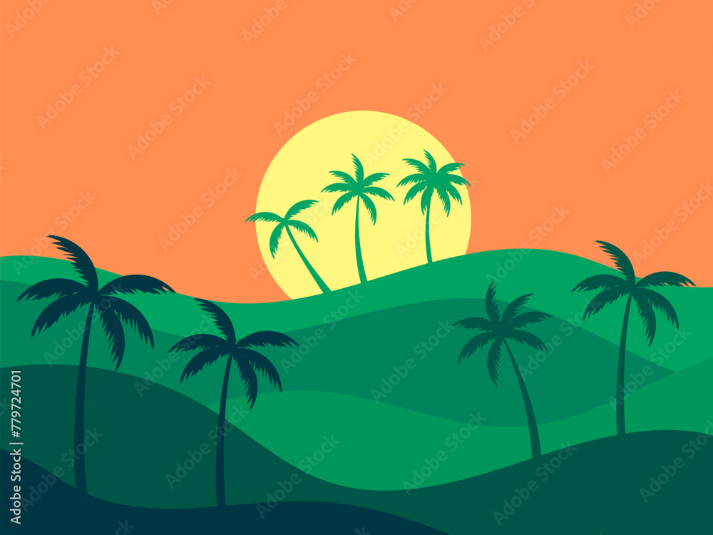 Landscape with palm trees at sunset. Wavy tropical landscape with green hills, sun and silhouettes of palm trees against the sun. Design for posters, banners and prints. Vector illustration