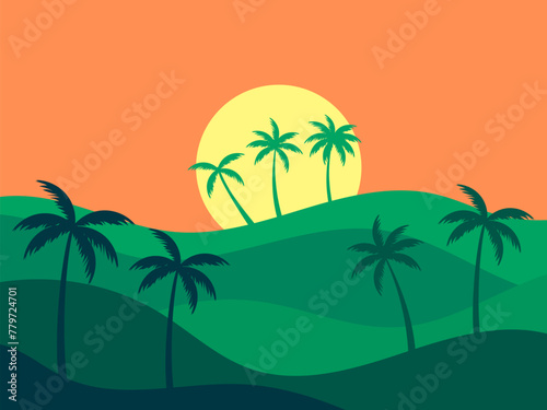Landscape with palm trees at sunset. Wavy tropical landscape with green hills  sun and silhouettes of palm trees against the sun. Design for posters  banners and prints. Vector illustration