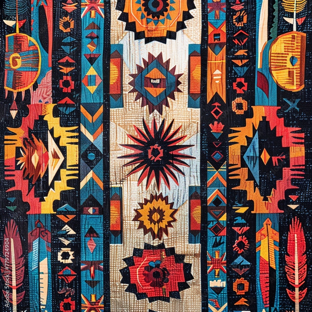 Vibrant Native Indian textile background, showcasing colorful tribal motifs and symbols in a detailed, handwoven look ar 43
