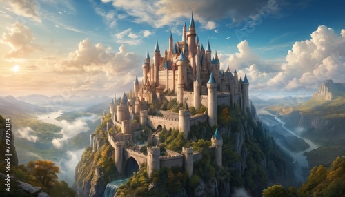 Majestic castle perched atop a breathtaking cliff, enveloped by clouds and waterfalls. It's a fantasy kingdom lifted from a fairytale, serene and sovereign.. AI Generation