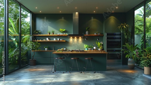 This kitchen is a true masterpiece of modern design, with dark green walls that complement the sleek lines and top-of-the-line appliances. photo