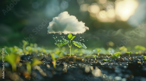 Delicate Seedling Nourished by Gentle Cloud Rainfall in Lush Natural Environment