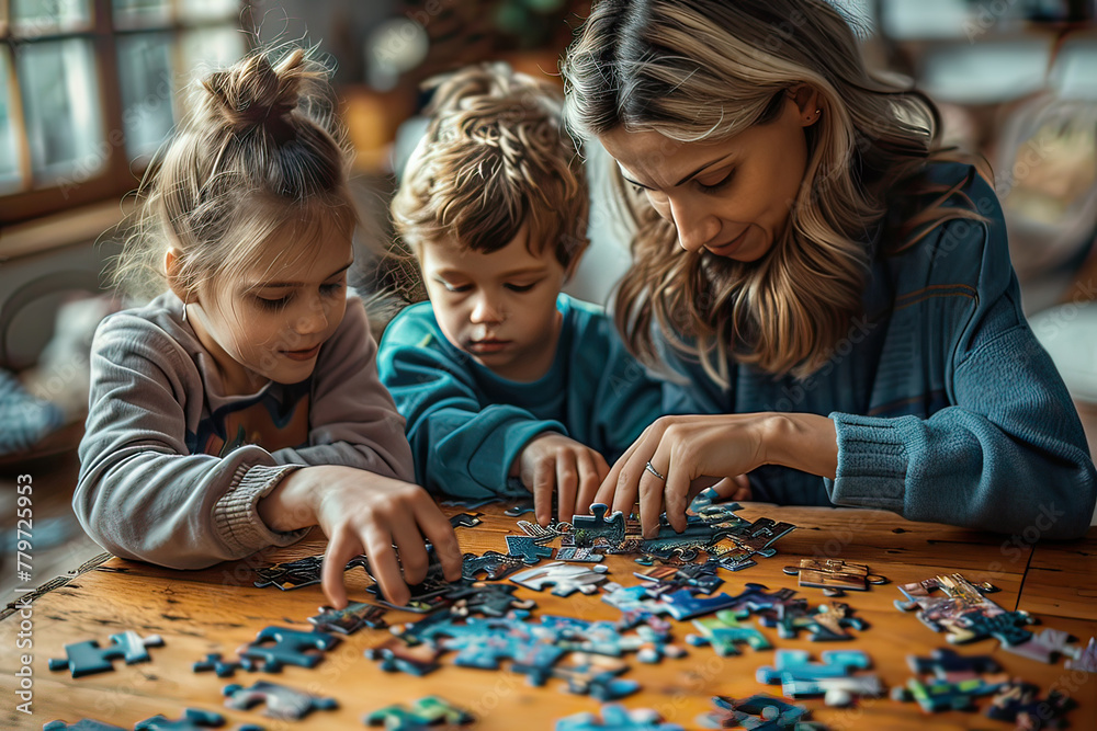 Mother and children playing with puzzle indoors at home. Generative AI. Mother and children playing with puzzle indoors at home. Generative AI.