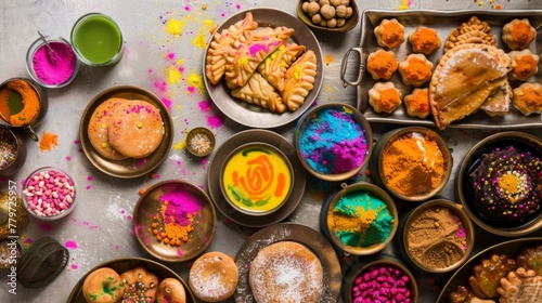 a table laden with traditional Holi delicacies. Include items like gujiya, malpua, thandai, and puran poli. Show the food in vibrant colors to reflect the spirit of Holi