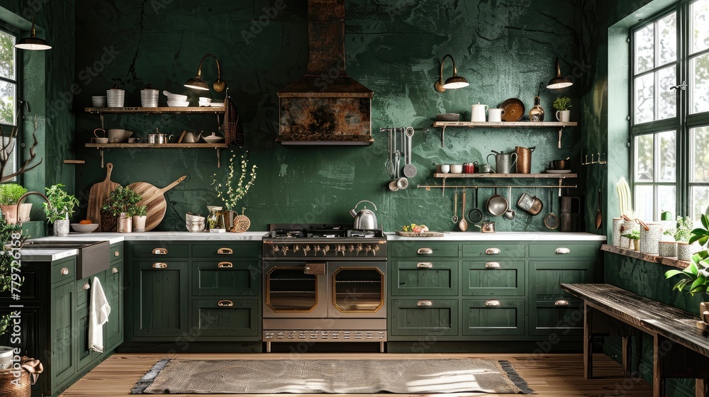 Step into a world of culinary inspiration in this kitchen, where dark green walls set the stage for unforgettable dining experiences. Step into a world of culinary inspiration in this kitchen, where dark green walls set the stage for unforgettable dining experiences.