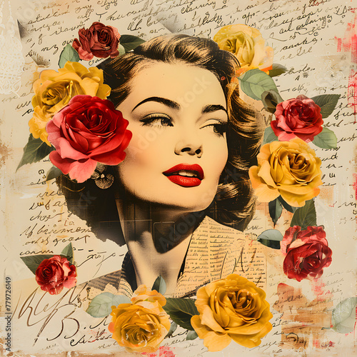 vintage woman, roses and letter collage
