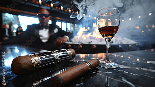 wealthy black man smoking habanos and drinking expensive whiskey, luxury lifestyle, millionaire, black and gold colors