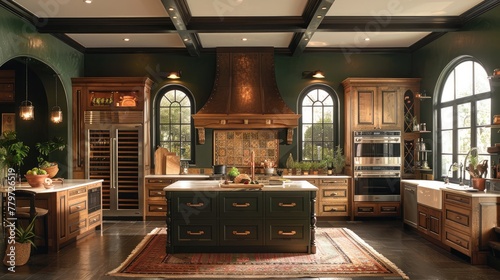 This kitchen is an entertainer's dream, with dark green walls that create a warm and inviting atmosphere for gatherings and celebrations.