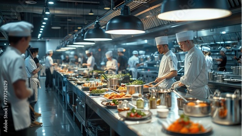 A bustling culinary academy kitchen with students preparing dishes at tables, surrounded by modern kitchen equipment, and instructors overseeing. Generative AI. photo