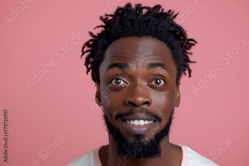 Waist up portrait of glad dark skinned handsome male model with happy expression, wears round spectacles, being in good mood as recieve bonus for diligent work, isolated over pink background photo