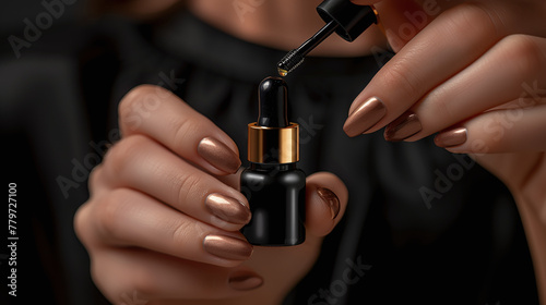 close-up of manicured woman's hands holding a tiny black high-end minimalist serum bottle, luxury and expensive cosmetic