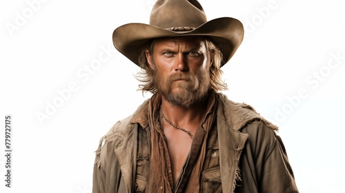 Portrait photograph of cowboy isolated on white background