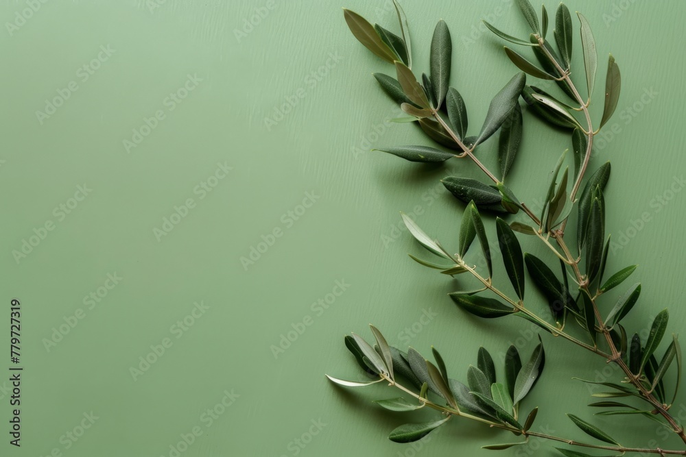 Vibrant green olive branches artistically arranged on a soft green background. Fresh Olive Branches on Pastel Background