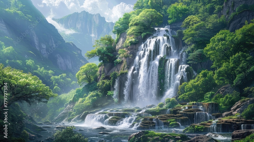 Cascading Waterfalls Nestled in a Lush Verdant Forest Landscape