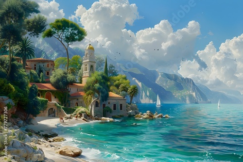 Beautiful beach view with clouds, buildings and mountains on a sunny summer day