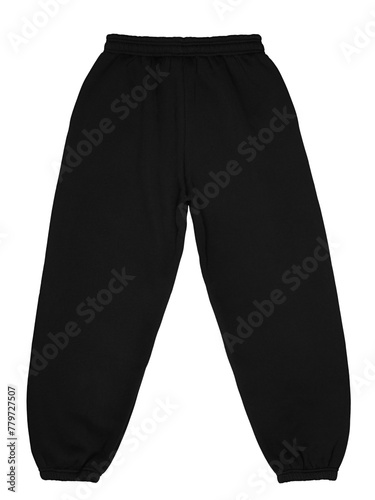 Black cotton sporty trousers mockup isolated on white background, top view, back view.