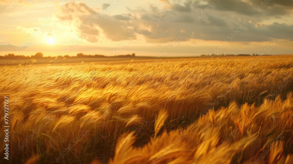 Golden Wheat Fields Swaying in Warm Sunset Glow over Tranquil Countryside Landscape